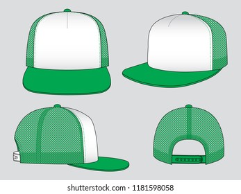 White-green 5 panels hip hop cap with mesh and adjustable snap back strap design on gray background, vector file