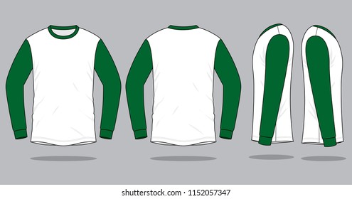 White-Green Long Sleeve T-shirt Design On Gray Background.
Front, Back and Side View, Vector File.