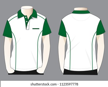 White-Green Short Sleeve Polo Shirt With Line Pipping Design On Gray Background.Front And Back View.