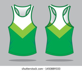 White-Green Tank Top With Black Edging Design on Gray Background.Front and Back View, Vector File.