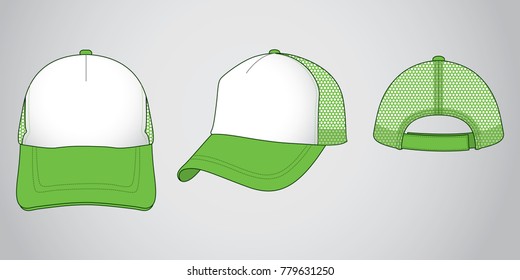 White-green trucker cap with mesh at side and back panel, adjustable with hook and loop closure strap back design on gray background, vector file.