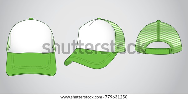 White-green trucker cap with mesh at side and back\
panel, adjustable with hook and loop closure strap back design on\
gray background, vector\
file.