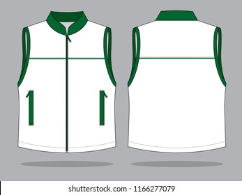 White-Green Vest with Edging, Two Pockets, Line Piping Design on Gray Background. Front and Back Views, Vector File.