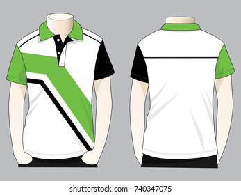 White-green-black short sleeve polo shirt with graphic line design vector.Front and back view.