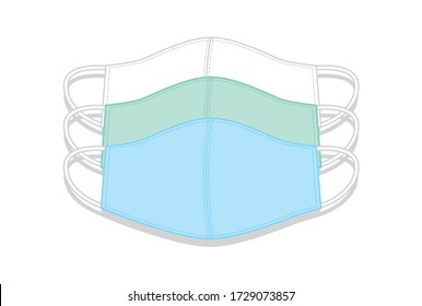 White,green,blue Cloth Mask Illustration. Cotton Handmade,  Protection Face Mask. Covid19