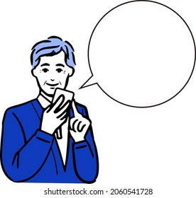 White-haired elderly man with smartphone upper body line drawing and white background line drawing of speech bubble