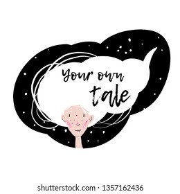 White-haired girl portrait with text, "your own tale"