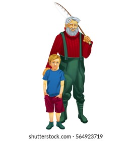 A white-haired man fisherman with a fishing rod hugging grandson isolated on white background. Portrait of a village boy and his grandfather. Vector illustration close-up.