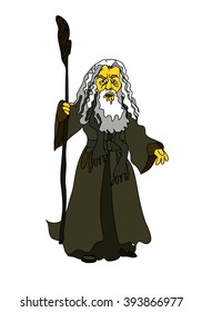 A white-haired old man with a stick in rags. A magician, a sage old man or the character of the biblical Moses in the vector. Comical cartoon graphics.