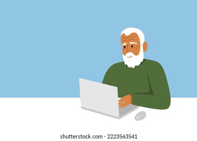 White-haired senior man, grandfather with laptop and space for text. Online education, web courses, work remotely, freelance, teaching.