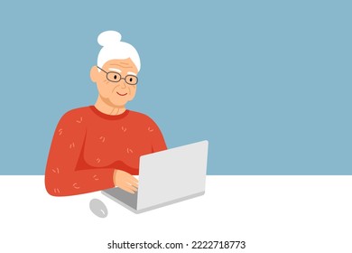 White-haired senior woman, grandmother with laptop and space for text. Online education, web courses, work remotely, freelance, teaching.