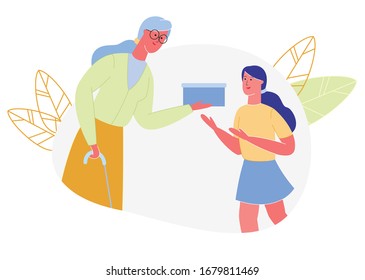 White-Haired Woman Gives Little Girl Blue Box. Vector Illustration. Meeting with Family. Make Gifts. Family Spends Time Together. Grandmother with Cane. Grandmother with Granddaughter.