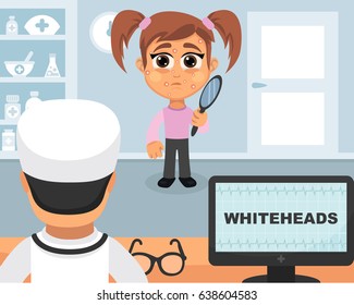 Whiteheads medical concept. Vector illustration. Doctor and patient are talking in the hospital. Isolated on white background.