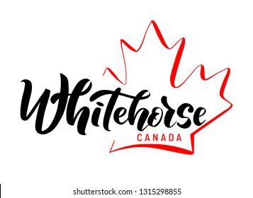 Whitehorse with a maple leaf. Hand drawn lettering of Canada's province for tourist signs, tourist map of the province. Logo, banner. Unique freehand lettering.