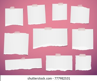 Whitel ripped blank note, notebook paper strips for text or message stuck with sticky tape on violet background