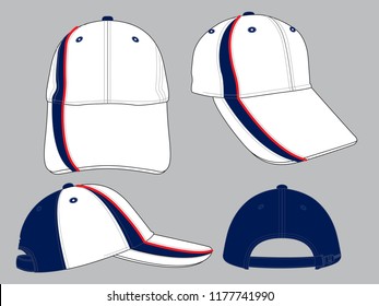 White-Navy Baseball Cap With Red Piping, Adjustable Slide Buckle Zip Closure Design on Gray Background, Vector File.