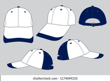 White-Navy Blue Baseball Cap With Adjustable Slider Buckle Closure Strap Design on Gray Background, Vector File.