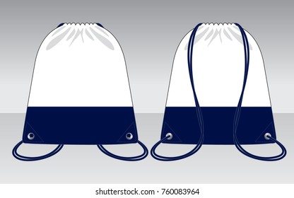 White-Navy Blue Drawstring Bag Design on Gray Background. Front and Back Views, Vector File.