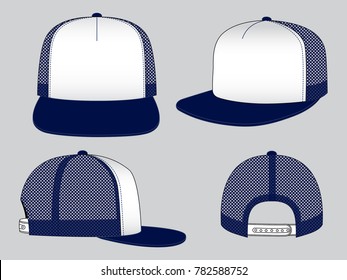 White-navy blue hip hop cap with mesh at side and back panels, adjustable snap back closure strap design on gray background, vector file.