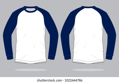 White-Navy Blue Raglan Long sleeve T-Shirt Design on Gray Background.Front and Back View, Vector File