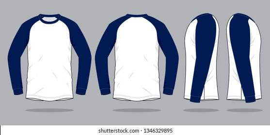 White-Navy Blue Raglan Long Sleeve T-shirt Design On Gray Background.Front, Back and Side View, Vector File.