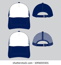 White-navy blue two trucker cap with different at four back panel and metal buckle closure strap design on gray background.Front and back view, vector file