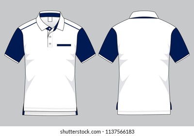 White-Navy Short Sleeve Polo Shirt with Ribbed Line, Front Short-Back Long Hem Design on Gray Background, Vector File.