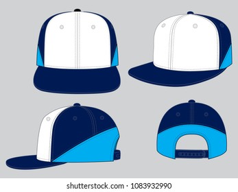 White-Navy-Blue Hip Hop Cap With Adjustable Snap Back Closure Design On Grey Background.