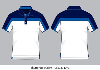 White-Navy-Blue Short Sleeve Polo Shirt With Short In Front, Long In Back For Hem Design On Gray Background.