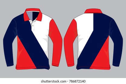 White-Navy-Red Long Sleeve Polo Shirt Design On Gray Background.
Front And Back View, Vector File