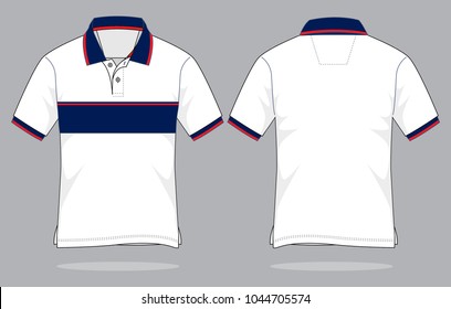 White-Navy-Red Short Sleeve Polo Shirt Design on Gray Background. Front and Back Views, Vector File.