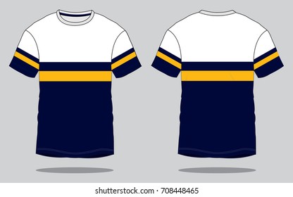 White-Navy-Yellow Short Sleeve T-Shirt Design on Gray Backgriund, Front and Back Views, Vector File.