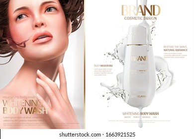 Whitening Body Wash Ads With Attractive Flowy Hair Woman And Creamy Texture Dripping Down, 3d Illustration