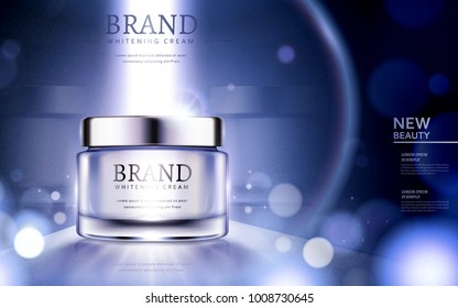 Whitening cream ads, cosmetic product ads with particles and strong light on the container in 3d illustration