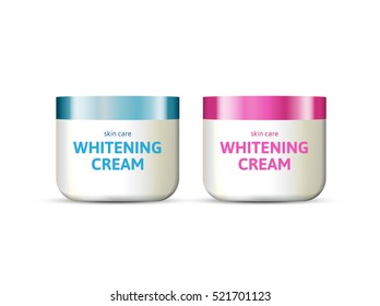Whitening cream in different color of packages. Vector illustration of realistic cream container isolated on white background.