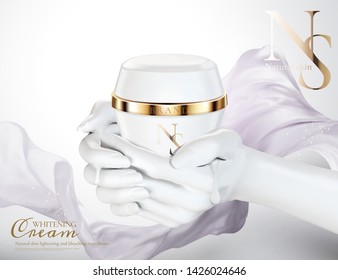 Whitening cream jar ads with white hand holding the product on light purple chiffon background, 3d illustration