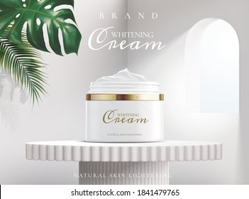 Whitening cream in package on a white stand with light coming in through a window and tropical plants , 3d illustration for cosmetic ads.