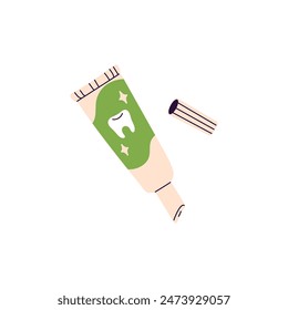 Whitening gel in tube. Toothpaste with mint in packaging. Brushing tooth paste for protection from staining. Dental hygiene. Oral health care. Flat isolated vector illustration on white background