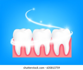 Blanquear los dientes humanos. Limpieza profunda, limpieza de procesos dentales. Concepto de salud dental. Atención Oral, restauración de dientes. ilustración sobre fondo azul.