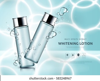 Whitening lotion ads, watery glass bottles with lotion isolated on swimming pool with sun ray in 3d illustration