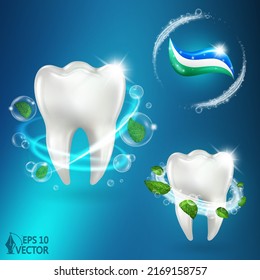 Whitening mint toothpaste, teeth cleaning and whitening, foam vortex. Mint paste and fresh leaves. Natural dental care product, protection and repair. 3d realistic vector illustration set