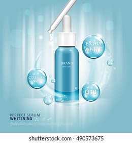 Whitening product ad template, blank blue dropper bottle design with aqua elements