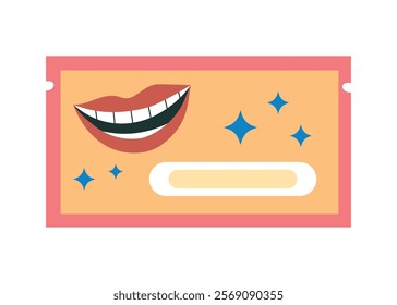 Whitening stickers for teeth. Mouth with red lips and white teeth. Isolated vector illustration for design about dental care