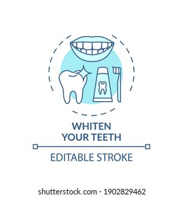 Whitening teeth concept icon. Home beauty procedure idea thin line illustration. Whitening toothpastes. Aesthetic results. Stains removal. Vector isolated outline RGB color drawing. Editable stroke
