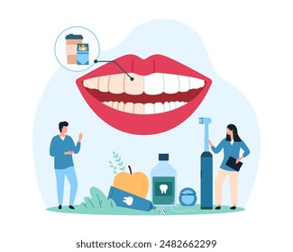 Blanqueamiento del esmalte dental, higiene dental. Las personas diminutas estudian la infografía de la sonrisa con los dientes blancos y amarillos con la placa, los alimentos y los procedimientos que influyen en la Ilustración vectorial de dibujos animados del color del diente