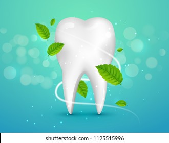 Whitening tooth ads, with mint leaves on green background. Green mint leaves clean fresh concept. Teeth health.