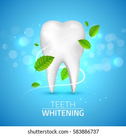 Whitening tooth ads, with mint leaves on blue background. Green mint leaves clean fresh concept. Teeth health