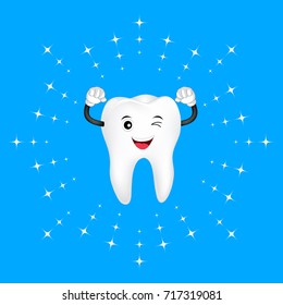 Whitening tooth, cute cartoon character design. Deep cleaning, dental care concept. Illustration isolated on blue background.