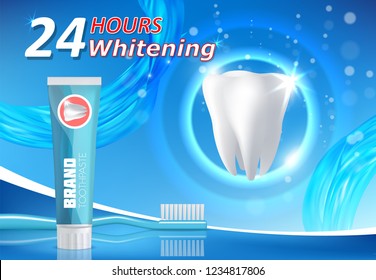 Whitening toothpaste ad. Teeth whitening vector poster banner template with toothpaste branded tube, toothbrush and white bright tooth. Dental health and hygiene concept