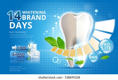 Whitening toothpaste ads, before and after effect on your teeth isolated on blue background in 3d illustration
